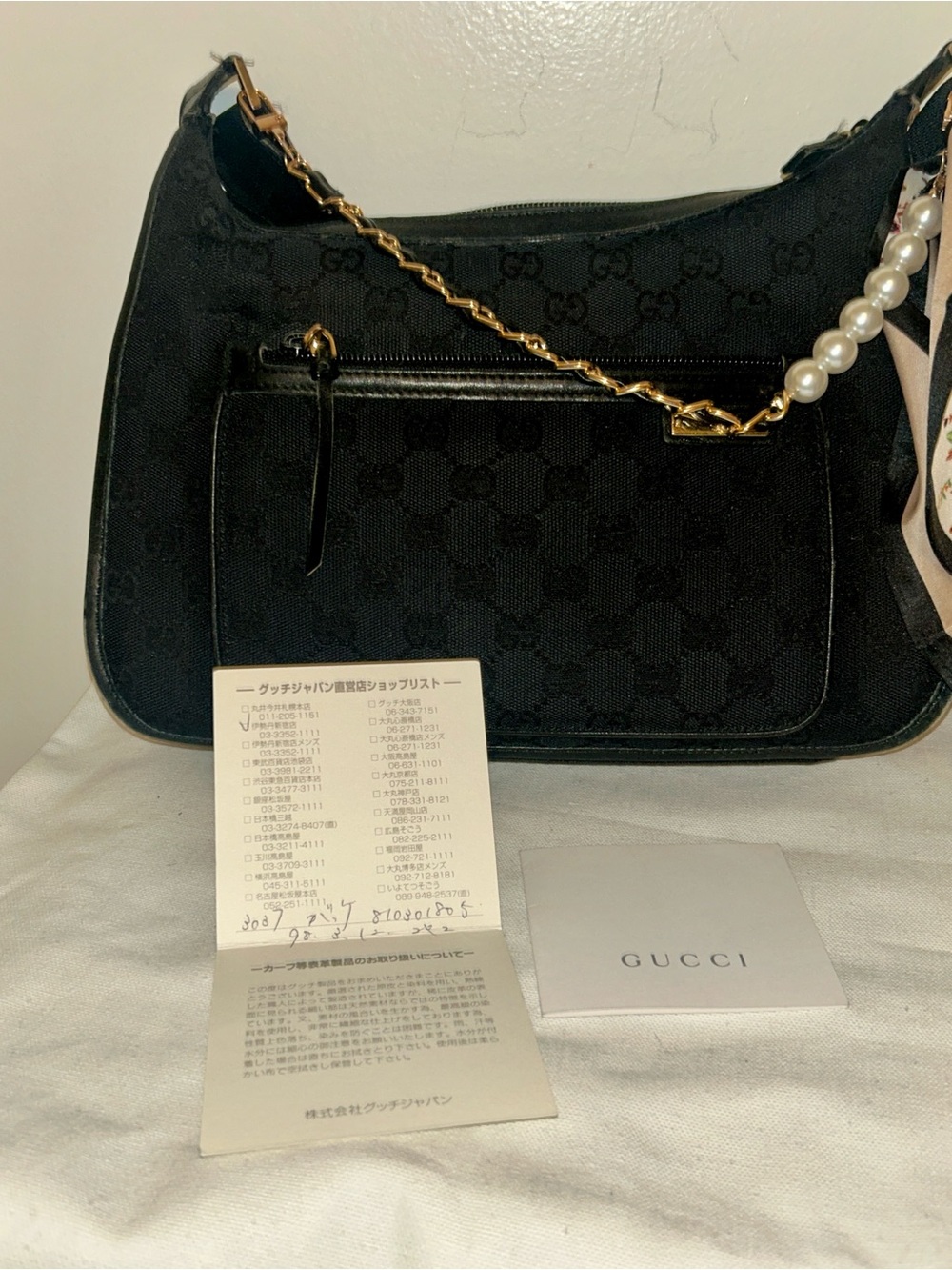 Gucci GG Canvas Black Shoulder Hobo with Gold Chain and Scarf Charm - Picture 14 of 16